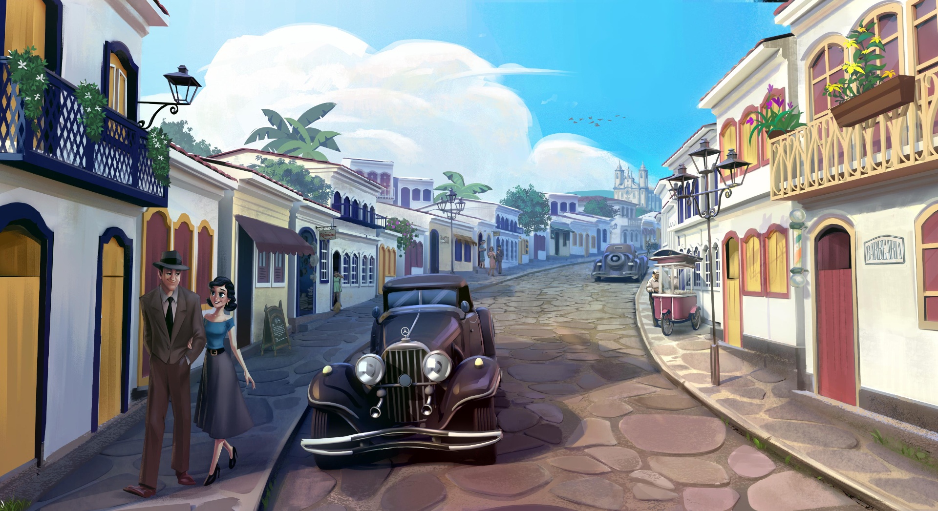 A couple strolling through the old town street