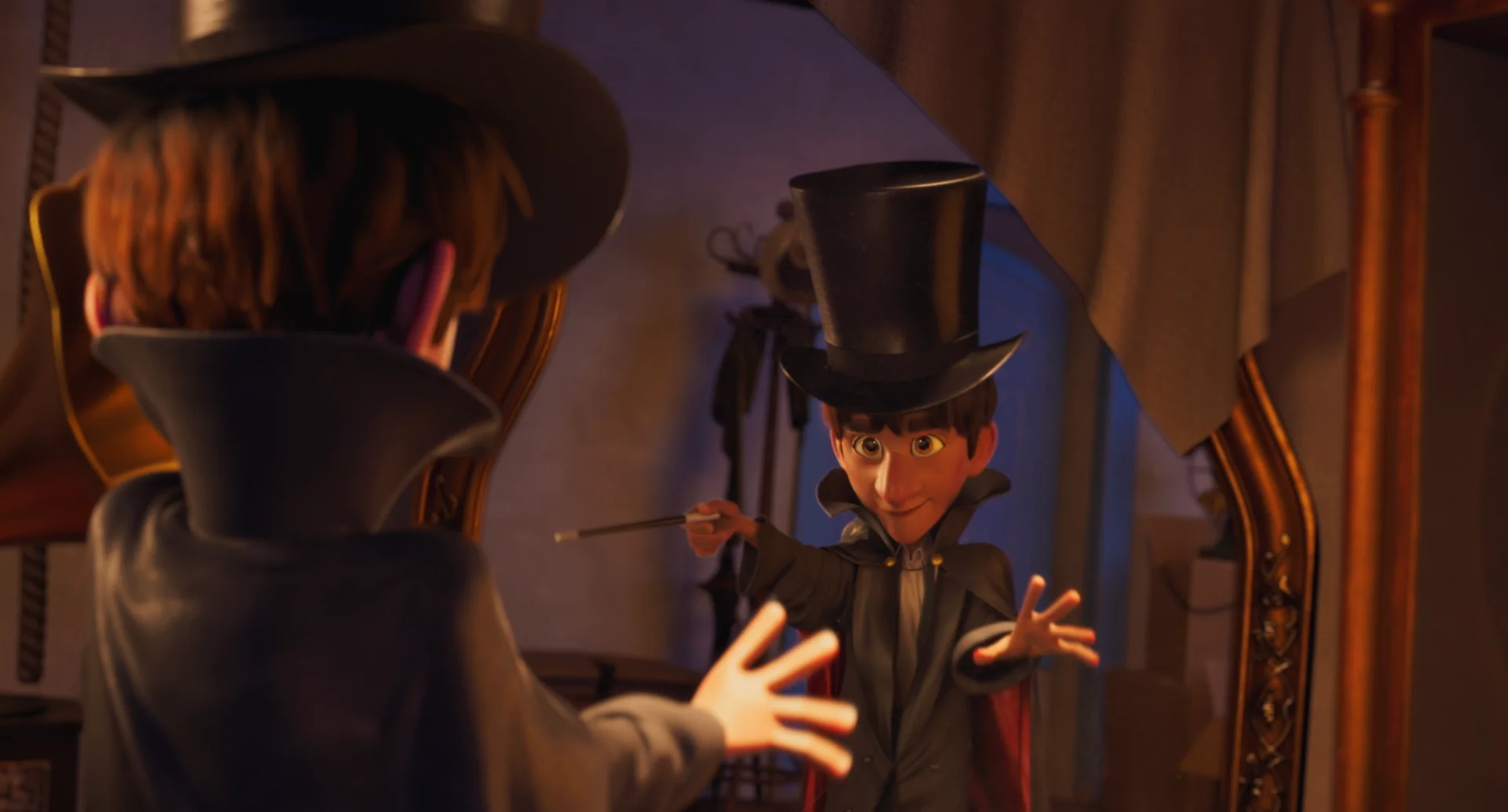 Ollie practicing magic in front of the mirror