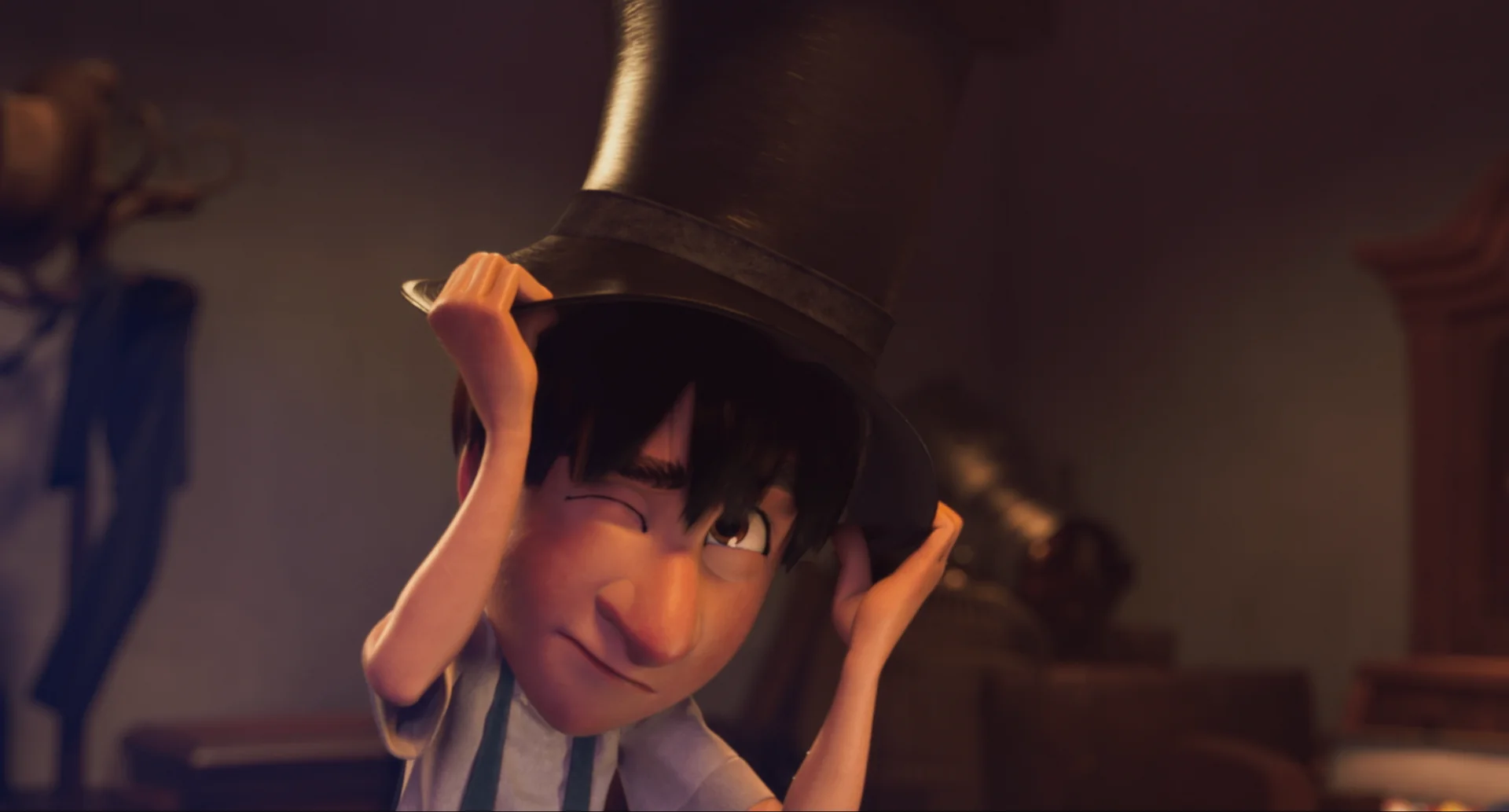 Ollie standing in the attic with the hat