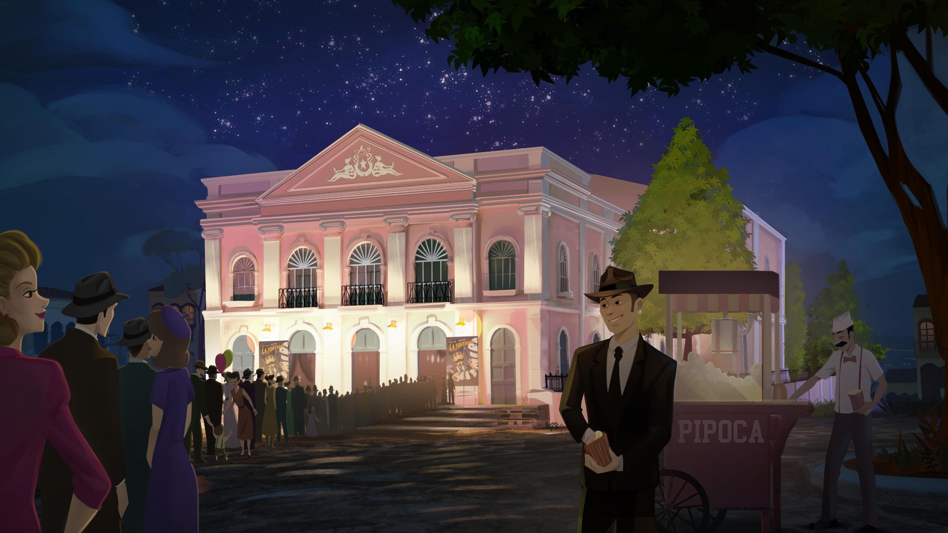 The theatre at night with the crowd gathering