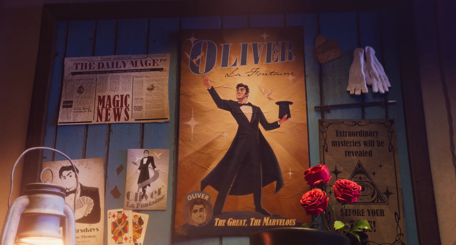 Poster wall and magic props in Ollie's attic